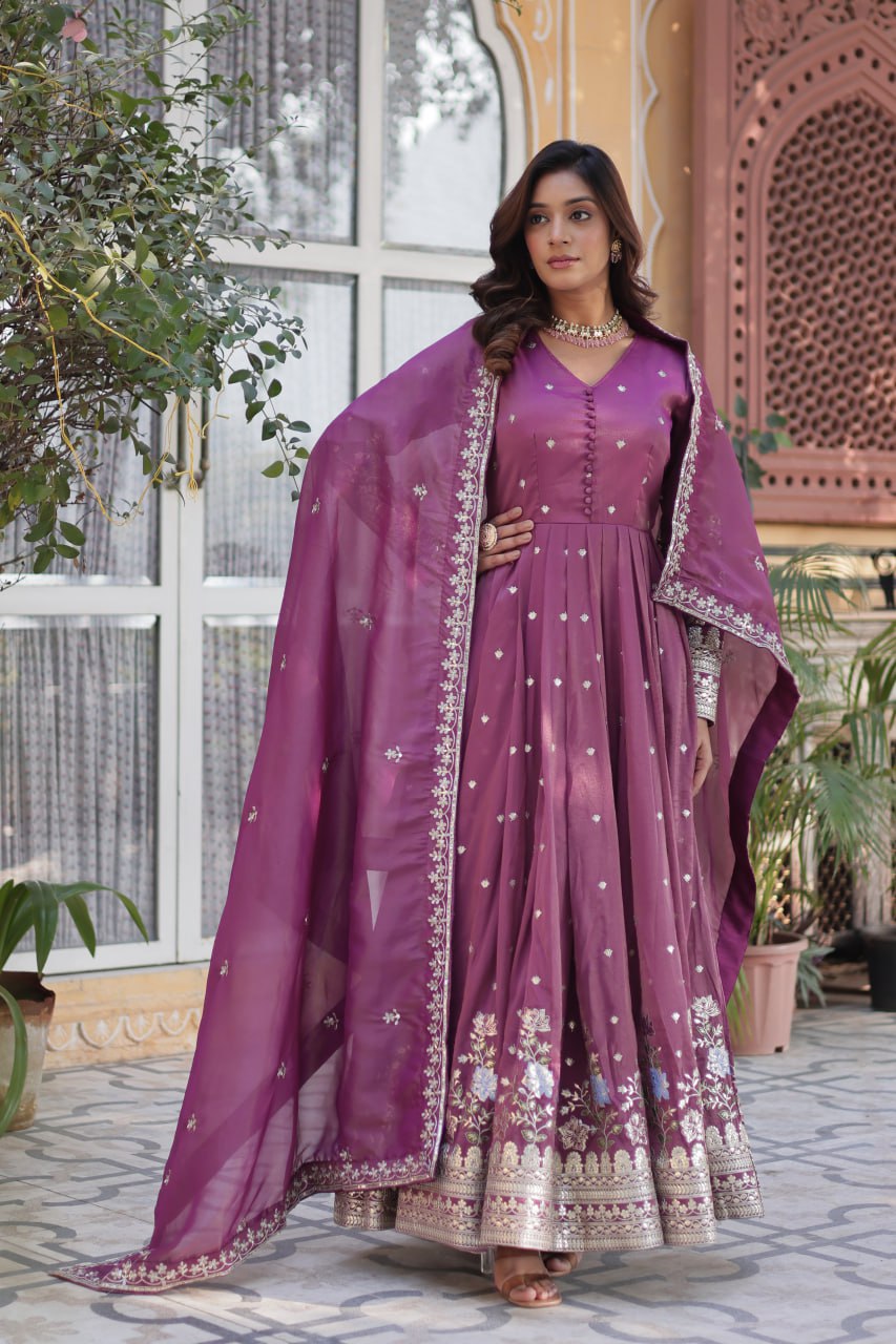 Women's Festive Rust Red Anarkali Gown with Intricate Silver Zari & Sequin Embroidery β Complete with Embroidered Dupatta - Image 6
