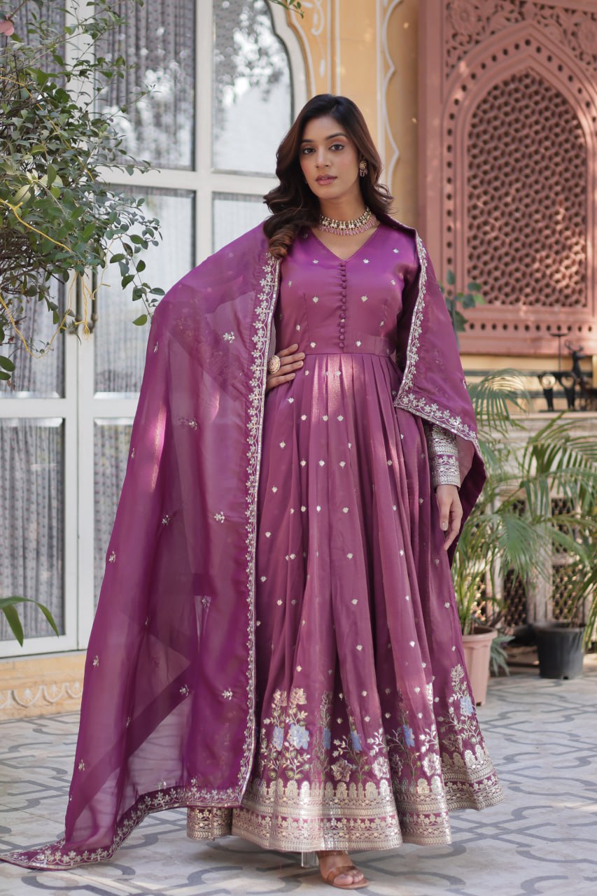 Women's Festive Rust Red Anarkali Gown with Intricate Silver Zari & Sequin Embroidery β Complete with Embroidered Dupatta - Image 7