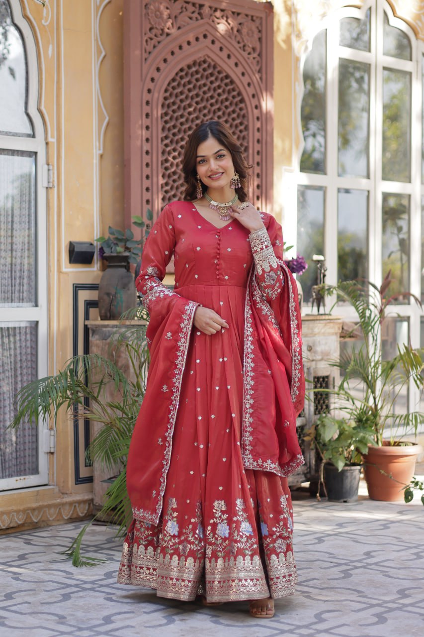 Women's Festive Rust Red Anarkali Gown with Intricate Silver Zari & Sequin Embroidery β Complete with Embroidered Dupatta - Image 4
